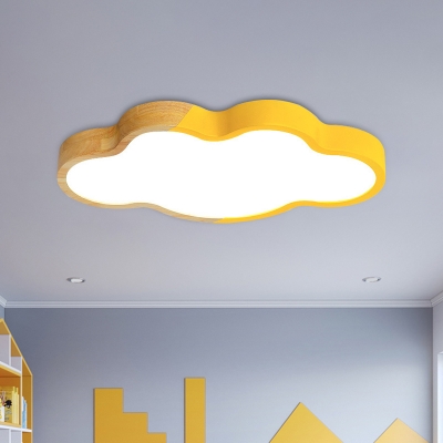 Cloud Shaped Kindergarten Ceiling Light Wood Macaron LED Flush Mounted Lamp in White/Yellow/Green