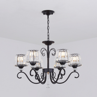 Cone Clear Crystal Hanging Chandelier Modern 3/6/8 Heads Black Suspension Light with Curved Arm for Dining Room
