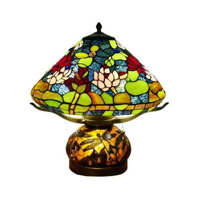 Conical Table Lamp 3-Head Cut Glass Baroque Flower Patterned Nightstand Lighting in Green