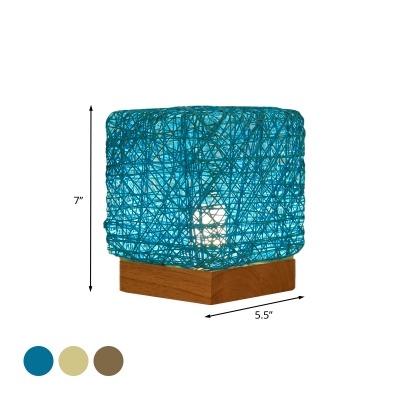 Cube Rattan Woven LED Table Light Macaron Blue/Flaxen/Beige Rechargeable USB Night Lamp with Wood Base
