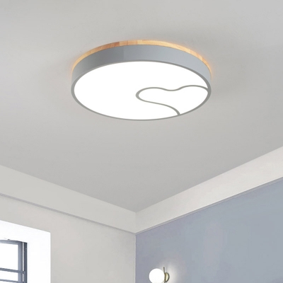 Curved Line Pattern Round Flush Light Nordic Iron Grey/White/Green-Wood LED Ceiling Mount Fixture with Acrylic Shade
