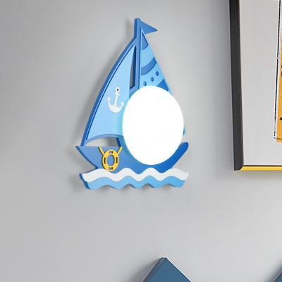 Dome Wall Mounted Lamp Cartoon Opal Glass LED Blue Surface Wall Sconce with Wood Sailboat Design in Warm/White Light