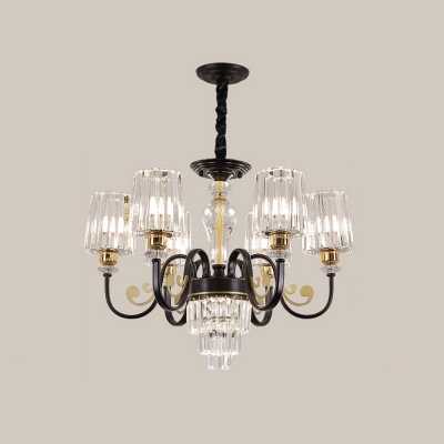 Drum Ceiling Light Minimal Clear Crystal 6/8-Light Black Finish Chandelier Lighting Fixture with Curvy Arm
