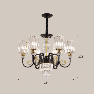 Drum Ceiling Light Minimal Clear Crystal 6/8-Light Black Finish Chandelier Lighting Fixture with Curvy Arm
