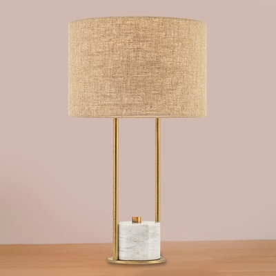 Drum Fabric Night Table Lighting Simplicity 1-Head White/Beige Desk Lamp with Cylindrical Marble Base