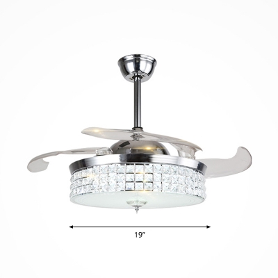 Faceted Crystal Drum Fan Light Fixture Modernism LED Chrome Semi Flush Mount Lighting with 3 Blades, 19