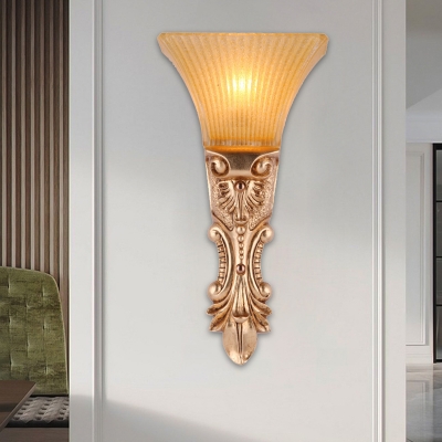 Flared Living Room Wall Sconce Light Rural Yellow Glass 1 Head Gold Wall Mount Lighting