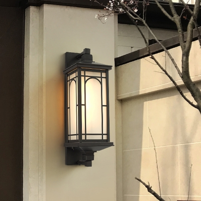 Frosted Glass Black Wall Lighting Rectangle 1 Bulb Industrial Style Wall Mounted Lamp for Outdoor