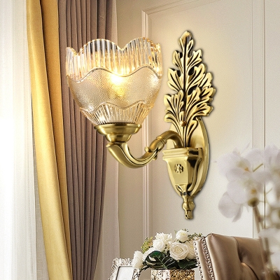 Gold 1 Light Wall Lighting Fixture Traditional Clear Textured Glass Bowl Wall Sconce with Scrolled Arm
