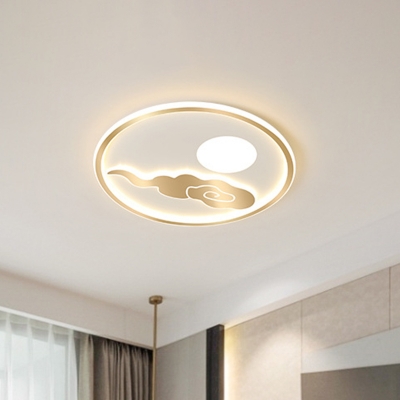Gold Circle Ceiling Mounted Fixture Kids LED Acrylic Flush Light in Warm/White Light with Cloud and Sun Pattern