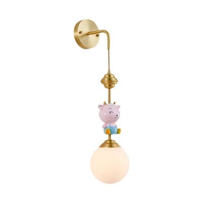 Gold Sheep/Monkey/Rabbit Sconce Contemporary 1 Head Resin Wall Lighting Fixture with Globe Opal Glass Shade