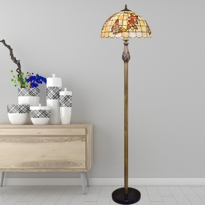 Grid Dome Shell Floor Standing Lamp Tiffany Style 2 Heads White Petal and Butterfly Floor Reading Light with Pull Chain