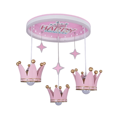 Happy Princess Pattern Circle Flushmount Kids Creative Acrylic 3-Light Pink Ceiling Light with Draping Crown Shade