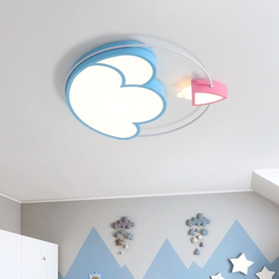 Iron Cloud and Rocket Flush Mount Cartoon Creative Blue LED Ceiling Light Fixture for Nursery School