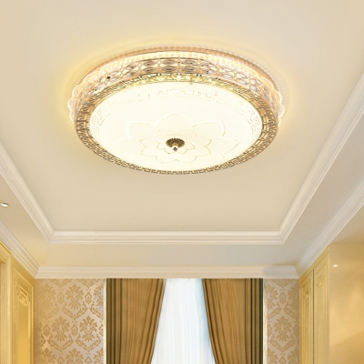 LED Ceiling Flush Mount Rural Bedroom Lotus Pattern Flush Light Fixture with Bowl Frosted Glass Shade in Silver
