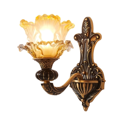 Metal Curved Arm Wall Lamp Traditional 1/2 Bulbs Living Room Wall Sconce Lighting in Brass with Flower Glass Shade