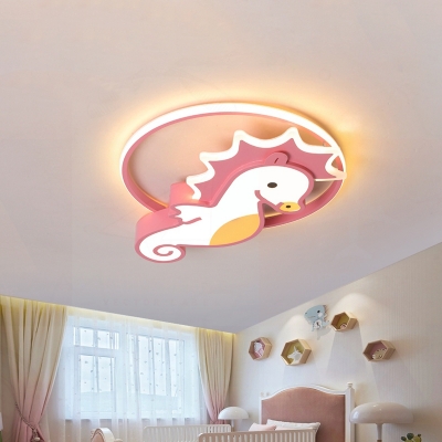 Metallic Sea Horse Flush Mount Lamp Kids LED Pink Ceiling Light Fixture for Nursery