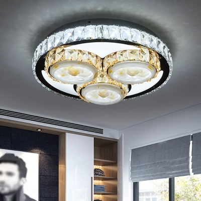 Minimal Circle Semi Flush Mount Clear Crystal Bedroom Floral Patterned LED Ceiling Lighting in Chrome