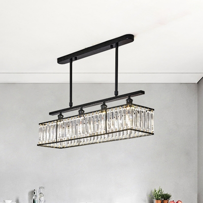 Minimalist Rectangle Island Lighting Clear Crystal 4 Heads Dining Room Pendant Lamp in Champagne/Black
