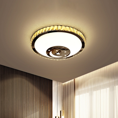 Minimalist Round Flush Light Fixture Clear Crystal LED Bedroom Ceiling Lamp in Chrome with Moon and Star Pattern