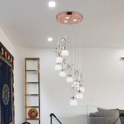 Modern Sphere Multi Ceiling Light Crystal 9 Lights Pendant Lamp in Gold with Spiral Design, Warm/White Light
