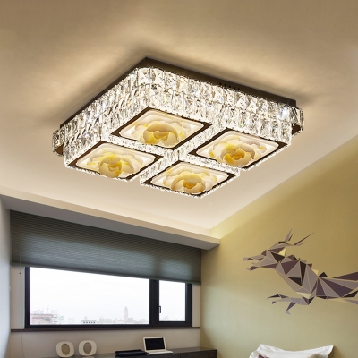 Modern Square Flush Ceiling Light Clear Crystal Block LED Bedroom Floral Patterned Lighting Fixture in Chrome