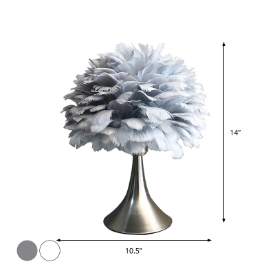 Modernism 1 Light Task Lighting White/Grey Dome Night Table Lamp with Feather Shade for Bedroom