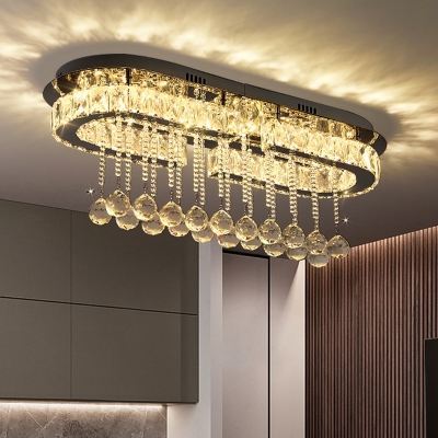 Oblong Dining Room Ceiling Light Fixture Cut Crystal Modernist LED Flush Mount in Chrome with Ball Drop