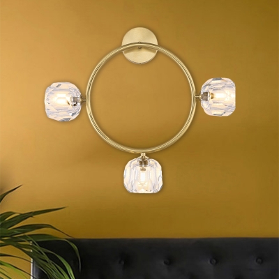 Simple Global Wall Sconce Hand-Cut Crystal 3 Lights Parlor Wall Mount Lamp with Ring/Square Frame in Brass