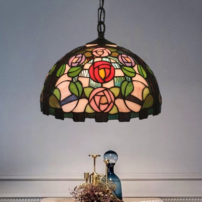 Victorian Dome Shade Pendant Light 1 Light Hand Cut Glass Suspension Lighting in Green with Rose Pattern