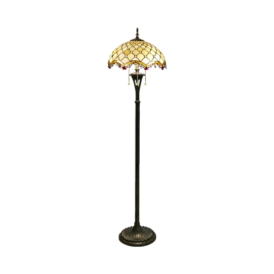 Victorian Scalloped Floor Lighting 3-Light Hand Cut Glass Beaded/Flower Patterned Reading Floor Lamp in Brass