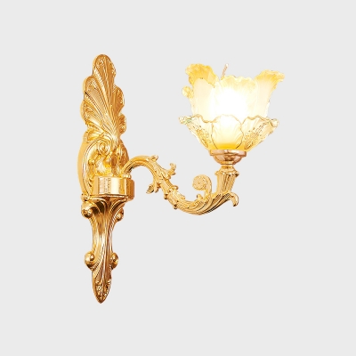 1/2-Bulb Wall Mount Light Traditional Swooping Arm Metal Wall Lighting Ideas in Gold with Petal Glass Shade