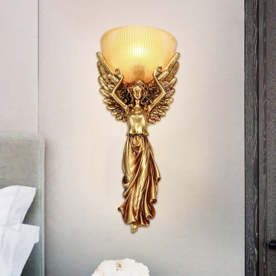1-Bulb Living Room Sconce Light Fixture Classic White/Gold/White and Gold Resin Wall Lighting Ideas with Bell Ribbed Glass Shade