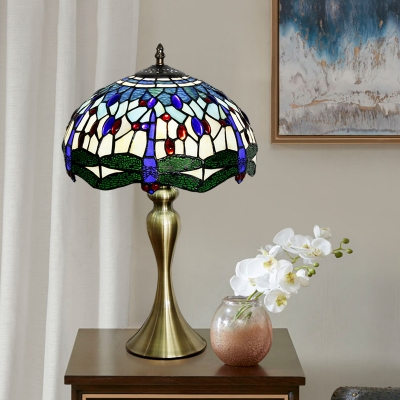 Baroque Dome Night Lighting Mediterranean 1 Light Blue Hand Cut Glass Dragonfly Patterned Nightstand Lamp