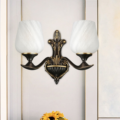 Black and Gold Tapered Wall Sconce Light Country Frosted Glass 1/2-Light Living Room Wall Lighting with Curved Arm