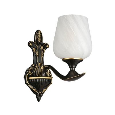 Black and Gold Tapered Wall Sconce Light Country Frosted Glass 1/2-Light Living Room Wall Lighting with Curved Arm