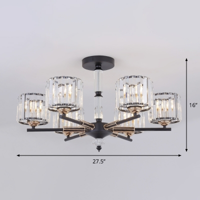 Black Cylinder Semi Flush Chandelier Simple 6 Heads Clear Crystal Ceiling Lighting for Dining Room