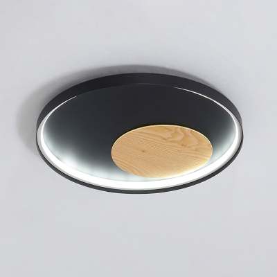 Black/White Circle Flush Mount Fixture Simple Metal LED Ceiling Light with Wood Decoration, 12