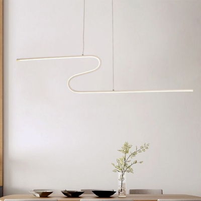 Black/White Curved Linear Island Lamp Modern Metal LED Hanging Light Fixture, Warm/White Light