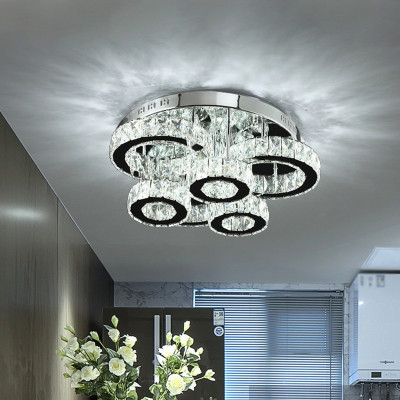 Chrome Circle Semi Mount Lighting Modern Faceted Crystal LED Close to Ceiling Light in Warm/White Light