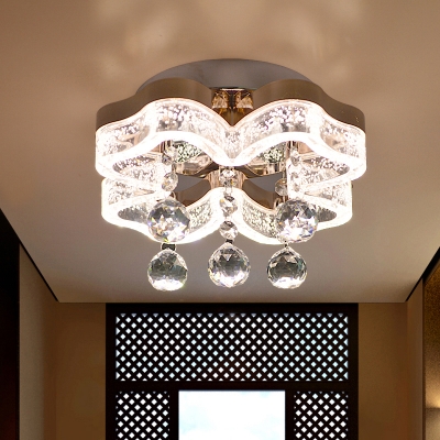 Chrome LED Flower Flushmount Lighting Minimalist Acrylic Ceiling Fixture with Crystal Ball Deco