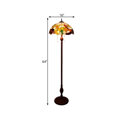 Copper Domed Floor Standing Lamp Tiffany 3 Bulbs Hand Cut Glass Reading Floor Lighting with Leaf and Fruit Pattern