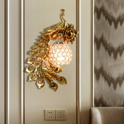 Country Peacock Wall Light Fixture 1-Bulb Resin Sphere Wall Mount Lighting in White/Yellow/Orange for Living Room, Left/Right