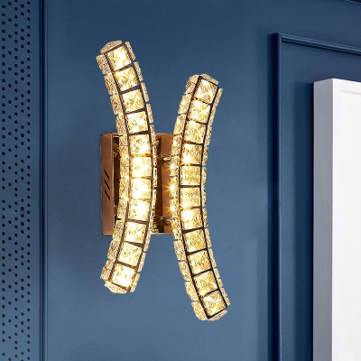 Curved LED Wall Lighting Ideas Modern Style Faceted Crystal Stainless-Steel Chrome Flush Wall Sconce in Warm/White Light