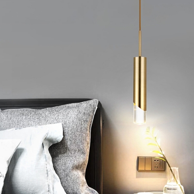 Cylindrical Pendulum Light Simple Style Metal 1 Head Gold Hanging Lamp Kit for Bedside