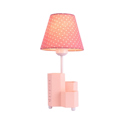 Empire Shade Child Room Table Light Printed/Star/Dotted Fabric 1 Bulb Kids Night Stand Lamp in Pink-White/White/Blue with Rabbit Decor/Pen Holder