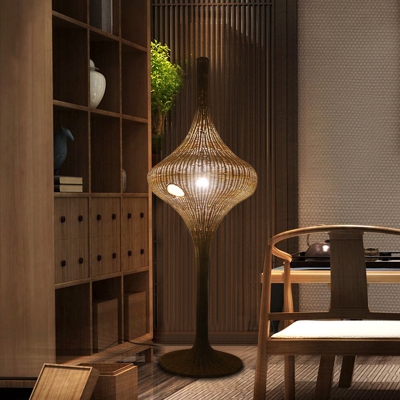 Farmhouse Urn-Shape Floor Lighting Bamboo 1 Bulb Living Room Floor Standing Light in Coffee