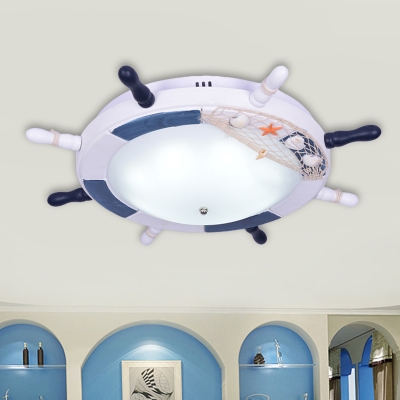 Frosted Glass Domed Ceiling Light Nautical LED Flush Mount Lighting with Rudder Design in Blue