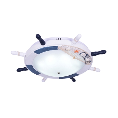 Frosted Glass Domed Ceiling Light Nautical LED Flush Mount Lighting with Rudder Design in Blue