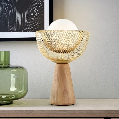 Global White Glass Night Table Lamp Simple 1-Light Beige Desk Lighting with Bowl Mesh Design